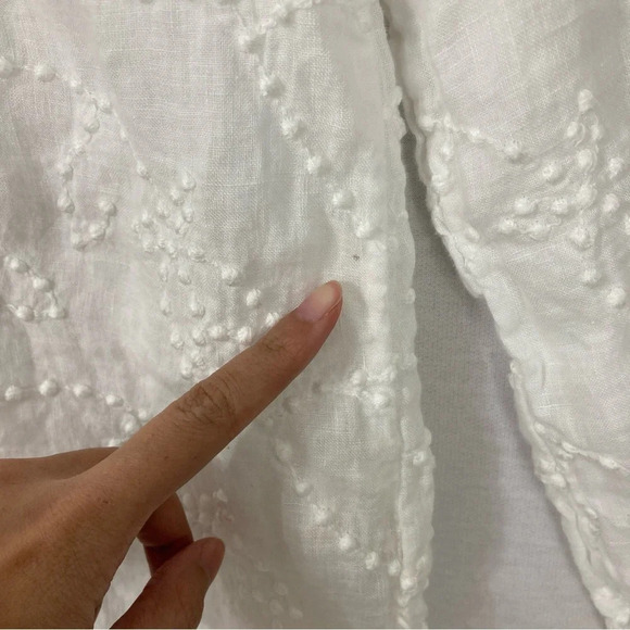 120% Lino White Y Neck Linen Side Slit Embroidered Dot Blouse size US 10 - Picture 12 of 12
